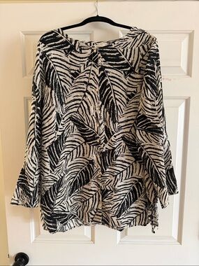 Cynthia Rowley Linen Black and White Leaf-Print Button-Down Top 1X